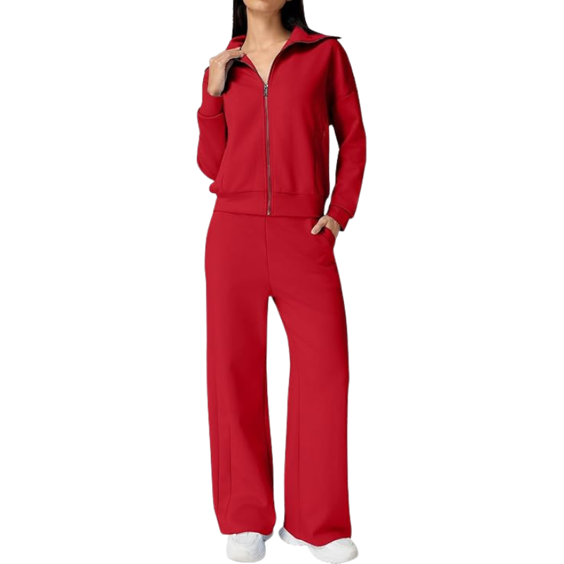 Womens Cotton 2 Piece Outfits Lapel Long Sleeve Zip Up Sweatshirt