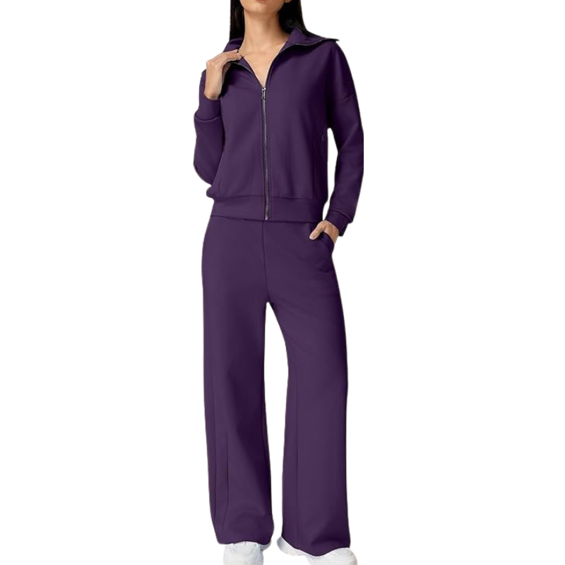 Womens Cotton 2 Piece Outfits Lapel Long Sleeve Zip Up Sweatshirt