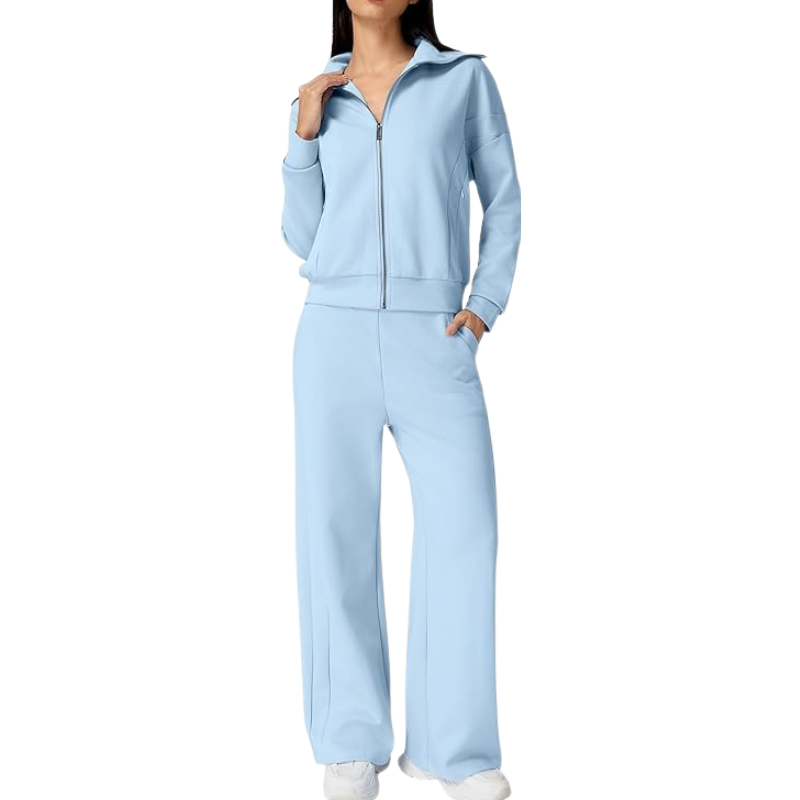 Womens Cotton 2 Piece Outfits Lapel Long Sleeve Zip Up Sweatshirt
