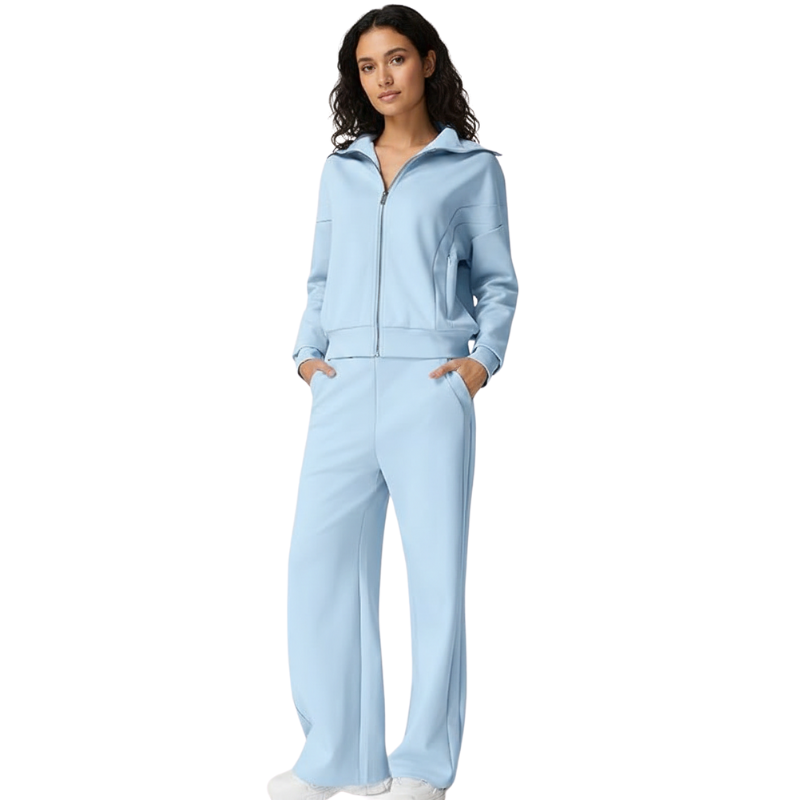 Womens Cotton 2 Piece Outfits Lapel Long Sleeve Zip Up Sweatshirt