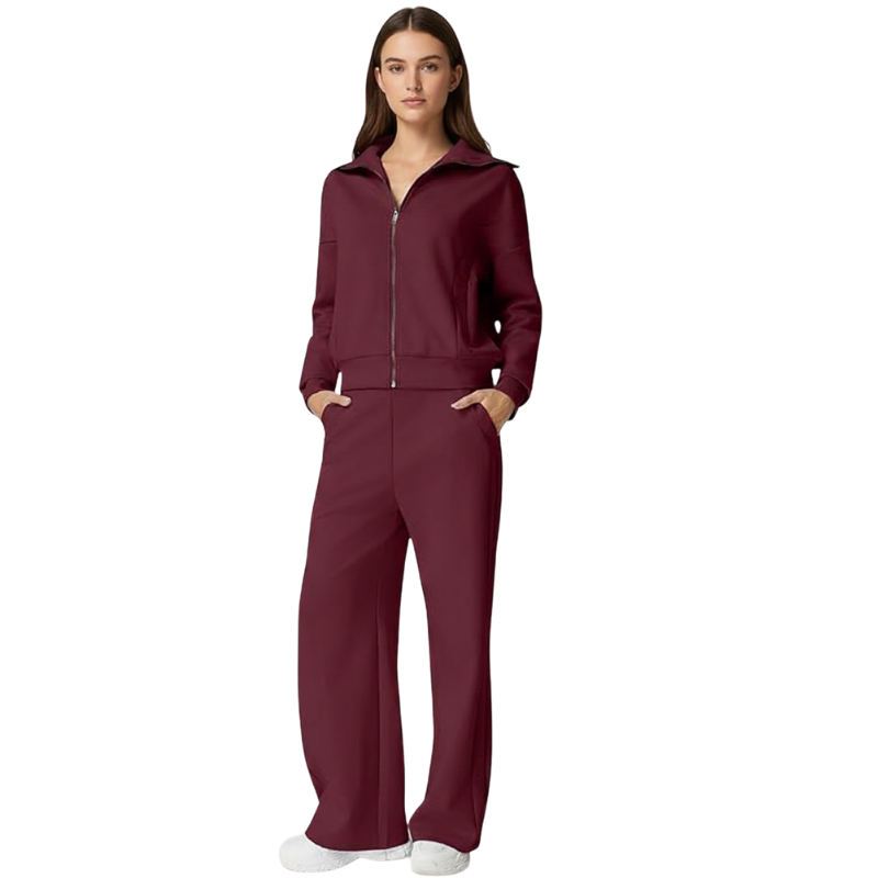 Womens Cotton 2 Piece Outfits Lapel Long Sleeve Zip Up Sweatshirt