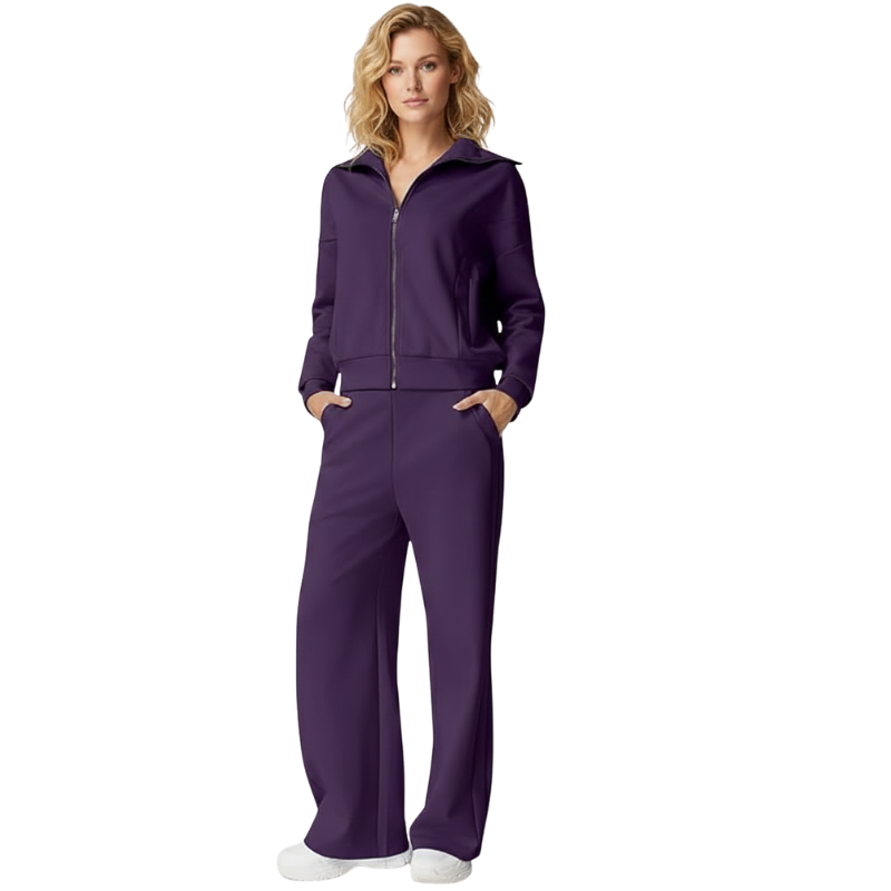 Womens Cotton 2 Piece Outfits Lapel Long Sleeve Zip Up Sweatshirt