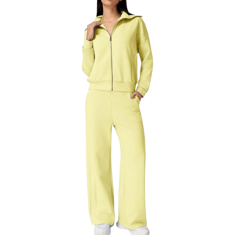 Womens Cotton 2 Piece Outfits Lapel Long Sleeve Zip Up Sweatshirt