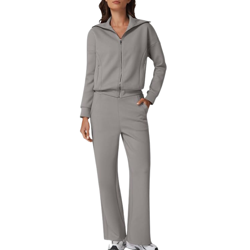 Womens Cotton 2 Piece Outfits Lapel Long Sleeve Zip Up Sweatshirt