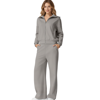 Womens Cotton 2 Piece Outfits Lapel Long Sleeve Zip Up Sweatshirt