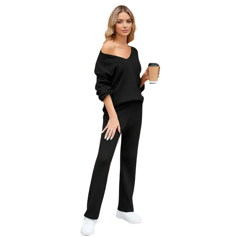 Women 2 Piece Outfits Casual V Neck Knit Wide Leg Sweater Lounge Set