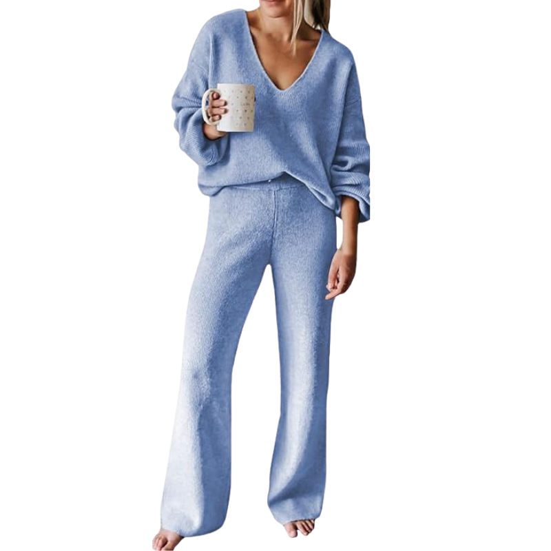 Women 2 Piece Outfits Casual V Neck Knit Wide Leg Sweater Lounge Set