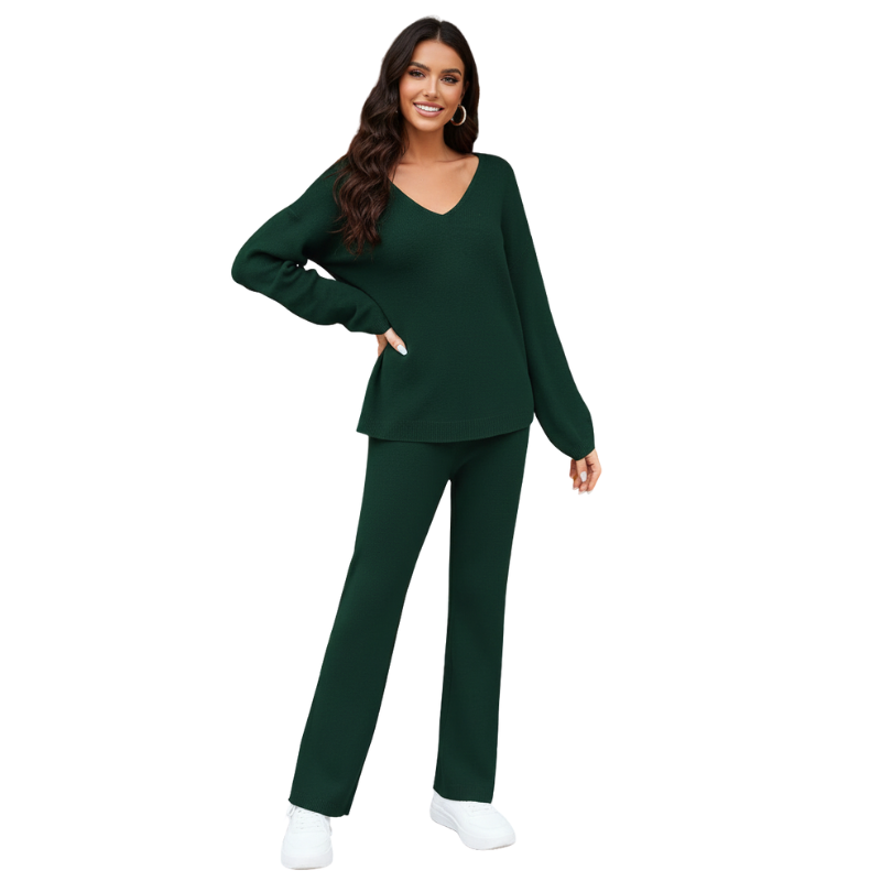 Women 2 Piece Outfits Casual V Neck Knit Wide Leg Sweater Lounge Set