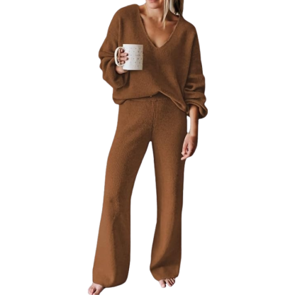Women 2 Piece Outfits Casual V Neck Knit Wide Leg Sweater Lounge Set