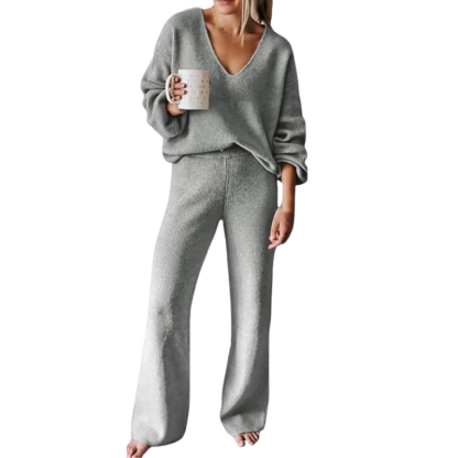 Women 2 Piece Outfits Casual V Neck Knit Wide Leg Sweater Lounge Set