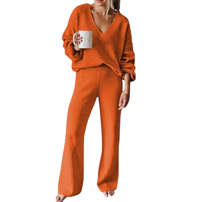 Women 2 Piece Outfits Casual V Neck Knit Wide Leg Sweater Lounge Set