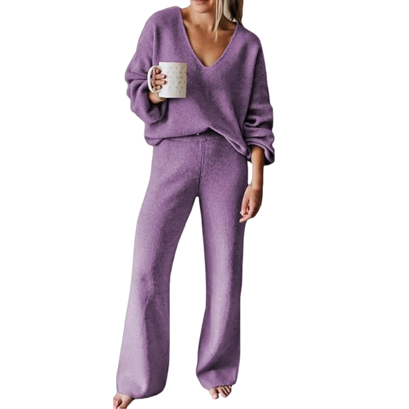 Women 2 Piece Outfits Casual V Neck Knit Wide Leg Sweater Lounge Set