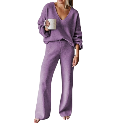 Women 2 Piece Outfits Casual V Neck Knit Wide Leg Sweater Lounge Set