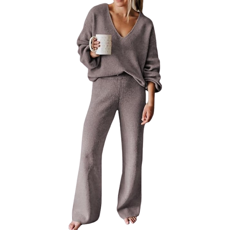 Women 2 Piece Outfits Casual V Neck Knit Wide Leg Sweater Lounge Set