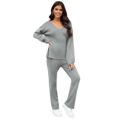 Women 2 Piece Outfits Casual V Neck Knit Wide Leg Sweater Lounge Set