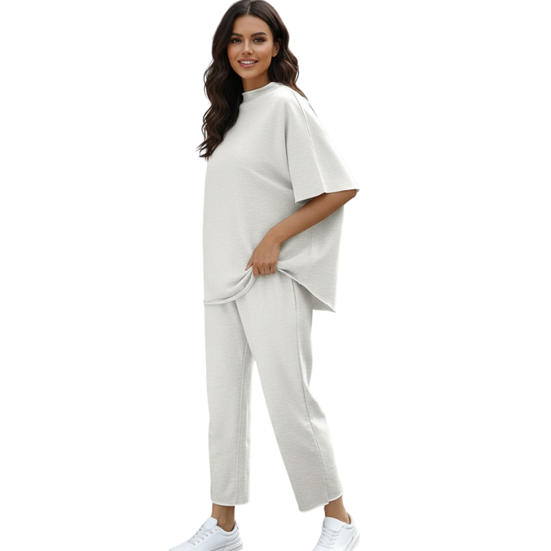 Womens Two Piece Outfits Batwing Sleeve Capelet Crew Neck Pullover Top Wide Leg Pants Lounge Set