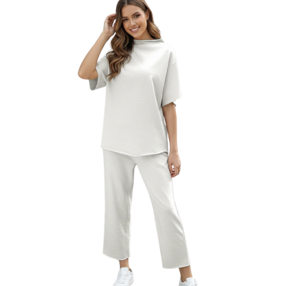 Womens Two Piece Outfits Batwing Sleeve Capelet Crew Neck Pullover Top Wide Leg Pants Lounge Set