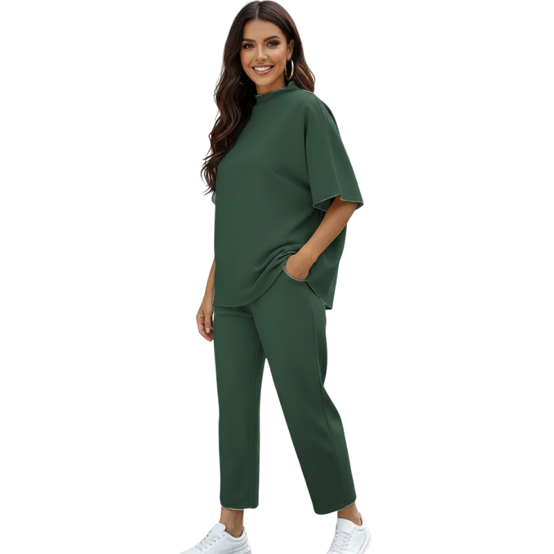 Womens Two Piece Outfits Batwing Sleeve Capelet Crew Neck Pullover Top Wide Leg Pants Lounge Set