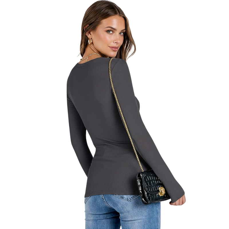 Women Long Sleeve Shirts Rib Knit Slim Fit Tops