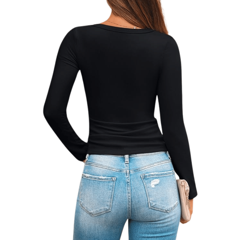 Womens Ribbed Square Neck Top Long Sleeve Slim Fit Basic Shirt For Fall Winter Spring Casual Crop Tee