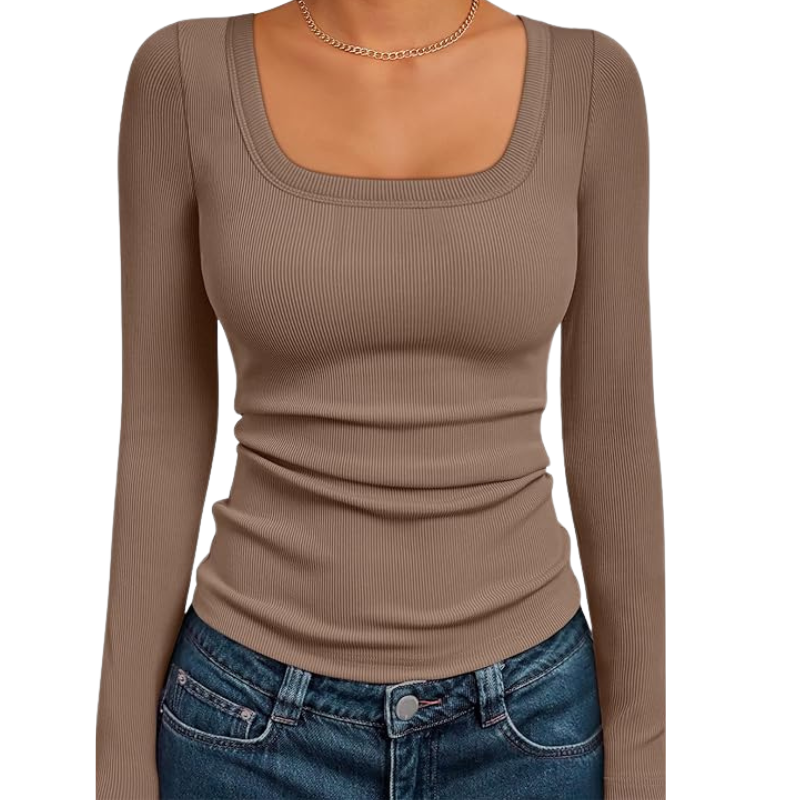 Womens Ribbed Square Neck Top Long Sleeve Slim Fit Basic Shirt For Fall Winter Spring Casual Crop Tee