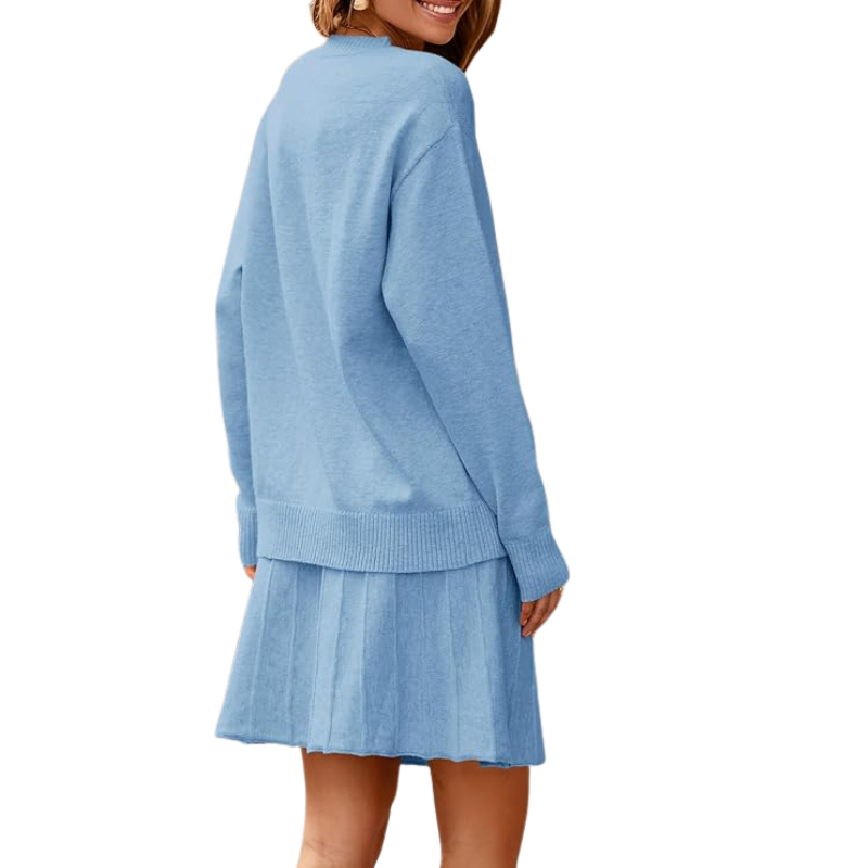 Womens Skirt 2 Piece Sweater Set Long Sleeve Crewneck Sweaters Pleated Mini Skirt Knit Lounge Sets
