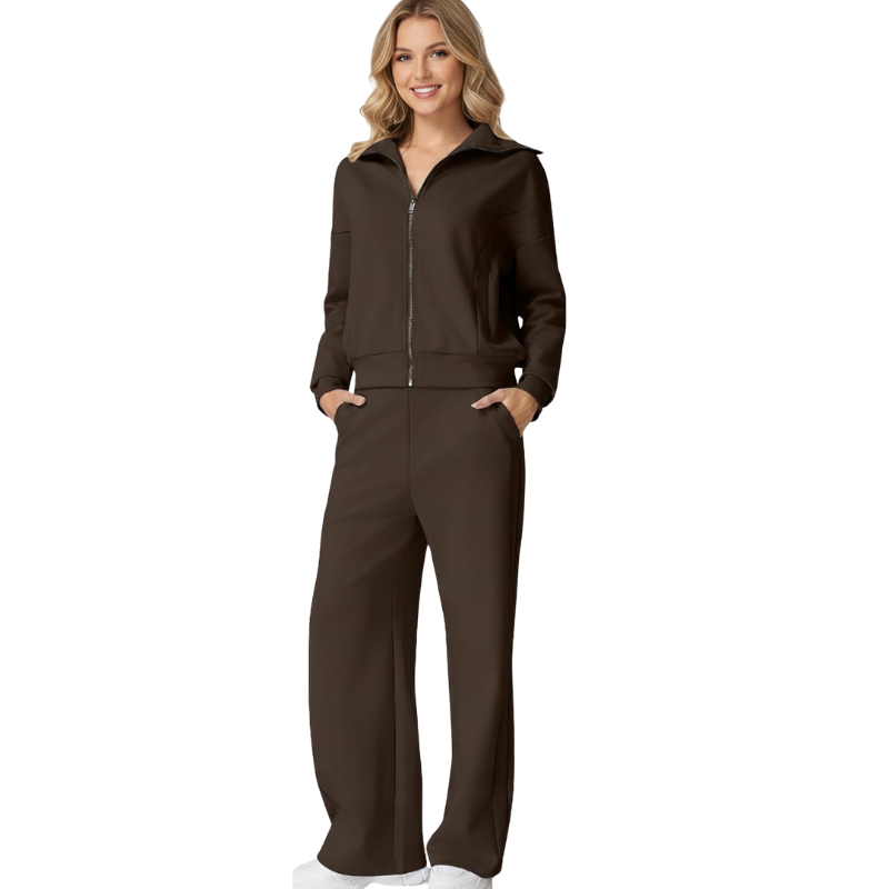 Two Piece Tracksuit With Zip Up Sweatshirt And Wide Pants For Women