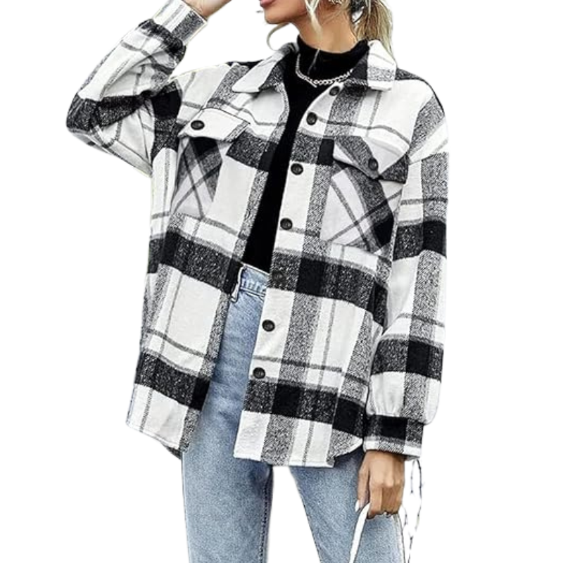Plaid Flannel Shacket With Long Sleeve Button Down Style For Women
