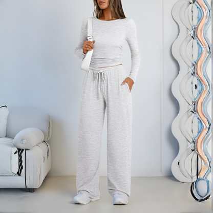 Two Piece Lounge Set With Long Sleeve Top And Drawstring Pants For Women