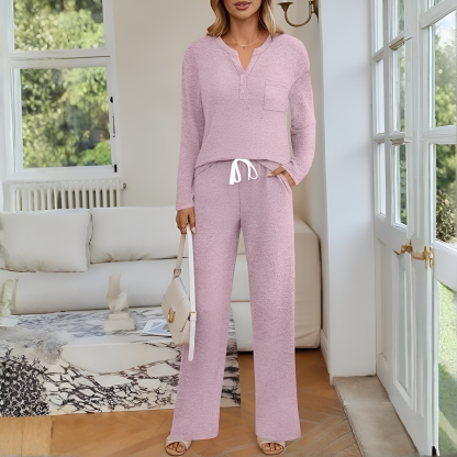 Two Piece Travel Lounge Set With Long Sleeve Top And Easy Fit Pants For Women