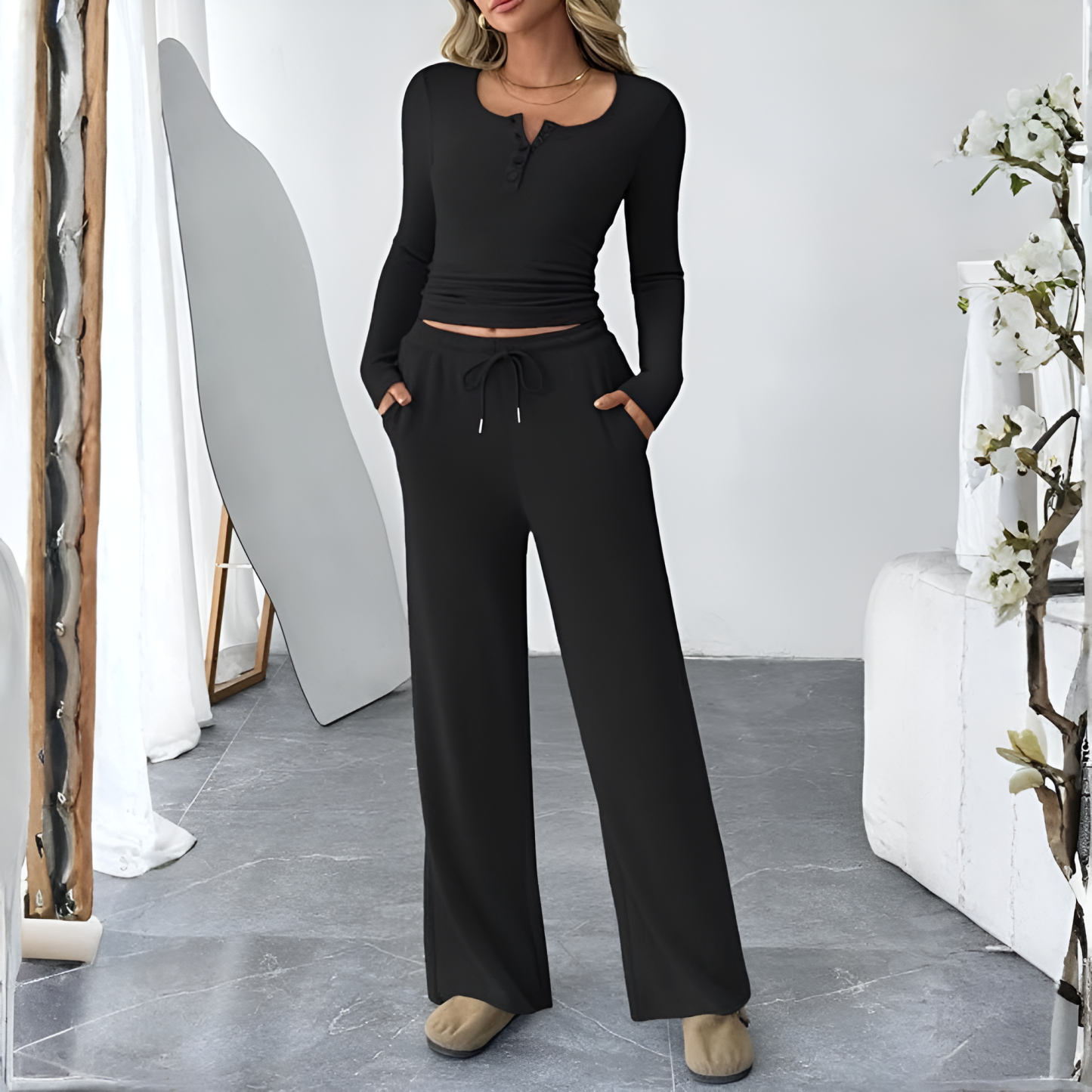 Two Piece Matching Lounge Sets With Sweater Top And Wide Pants For Women