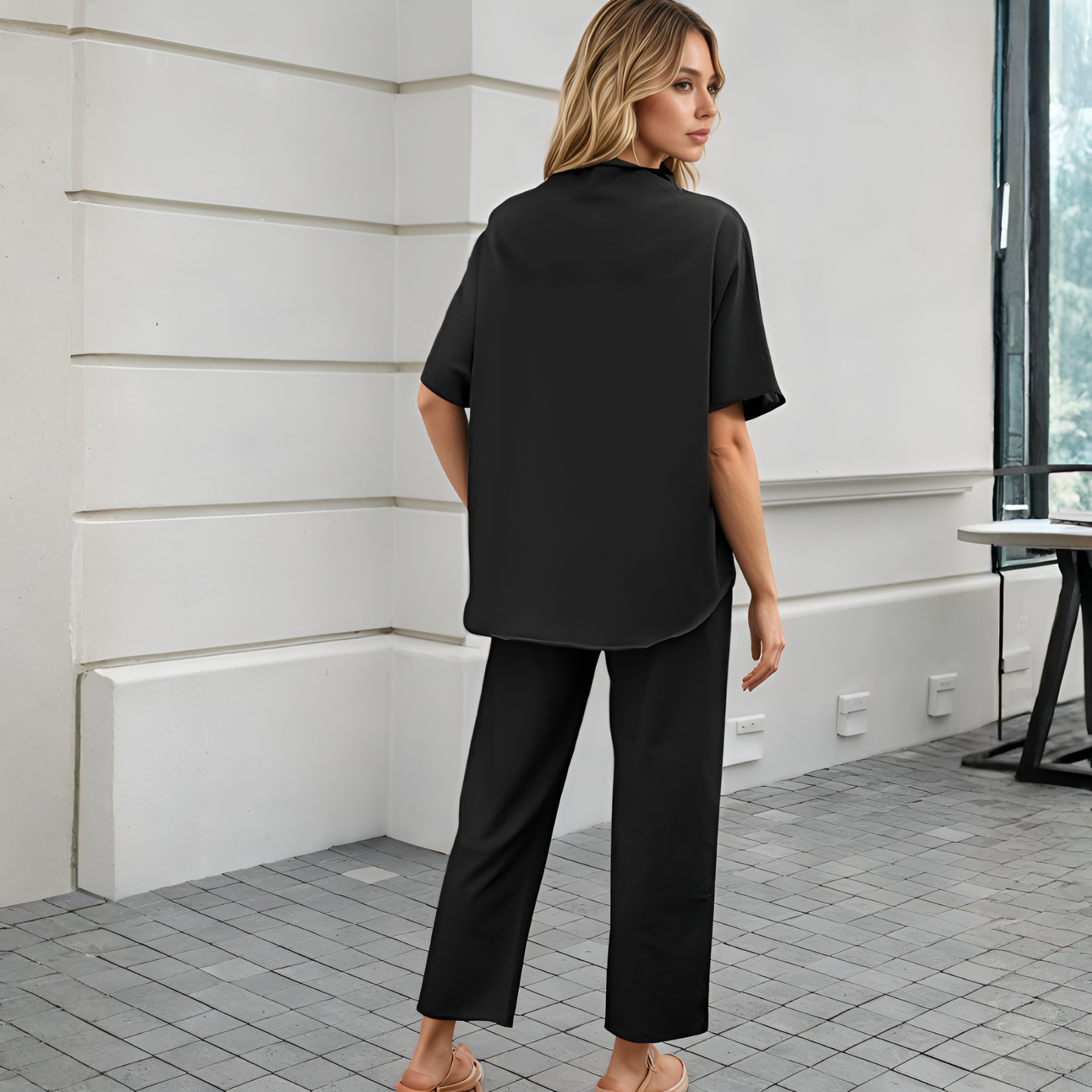 Two Piece Lounge Set With Batwing Sleeve Capelet Pullover Top And Wide Pants For Women