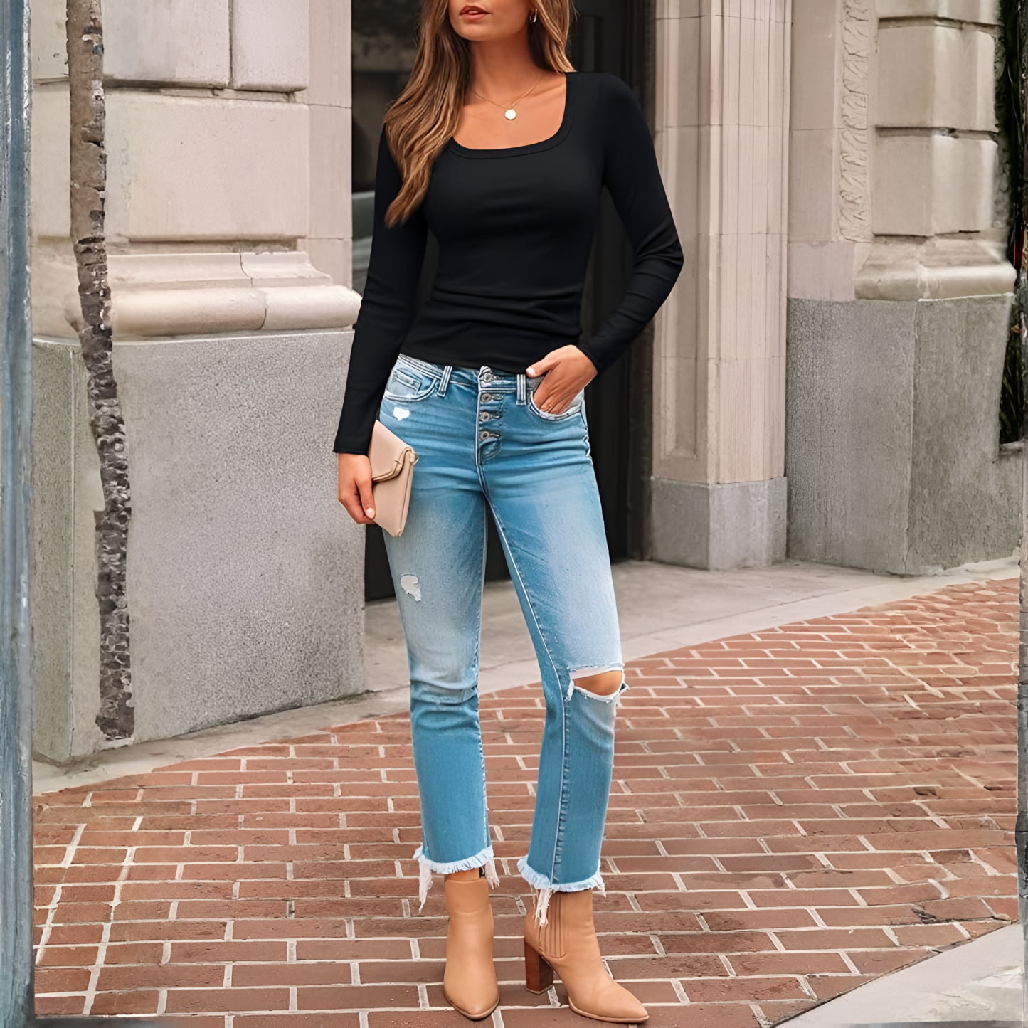 Ribbed Square Long Sleeve Crop Slim Fit Top For Women