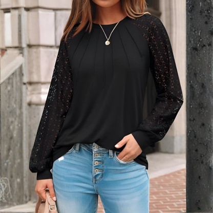 Long Sleeve Tops With Pleated Front And Lace Detail For Women