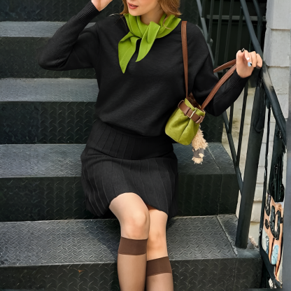 2 Piece Lounge Outfit With Knit Sweater And Pleated Mini Skirt Set For Women