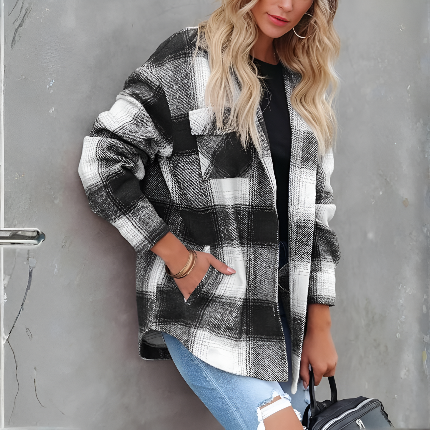 Plaid Design Oversized Long Sleeve Flannel Shacket For Women