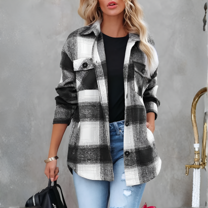 Plaid Design Oversized Long Sleeve Flannel Shacket For Women