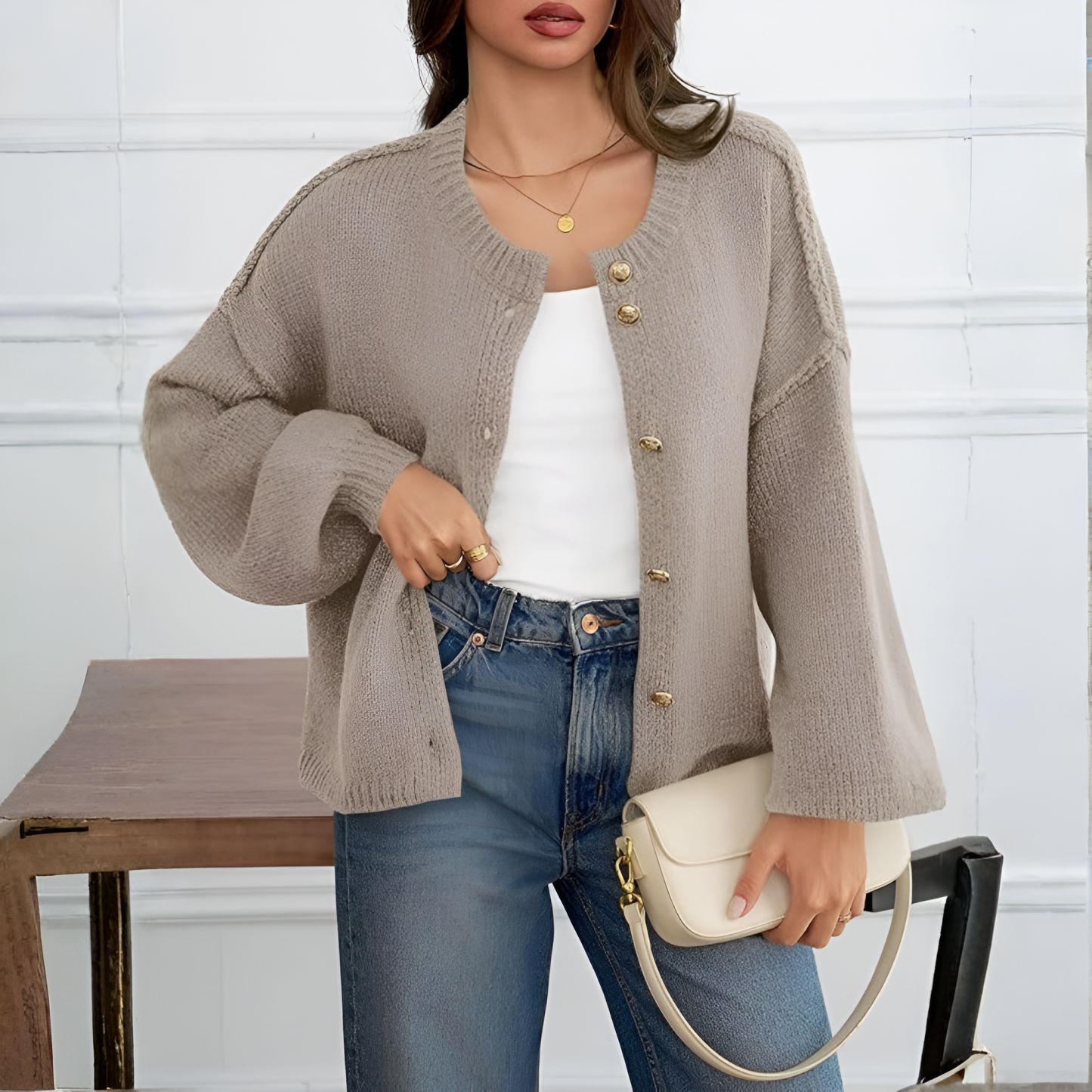 Oversized Button Up Knit Cardigan With Lantern Sleeves