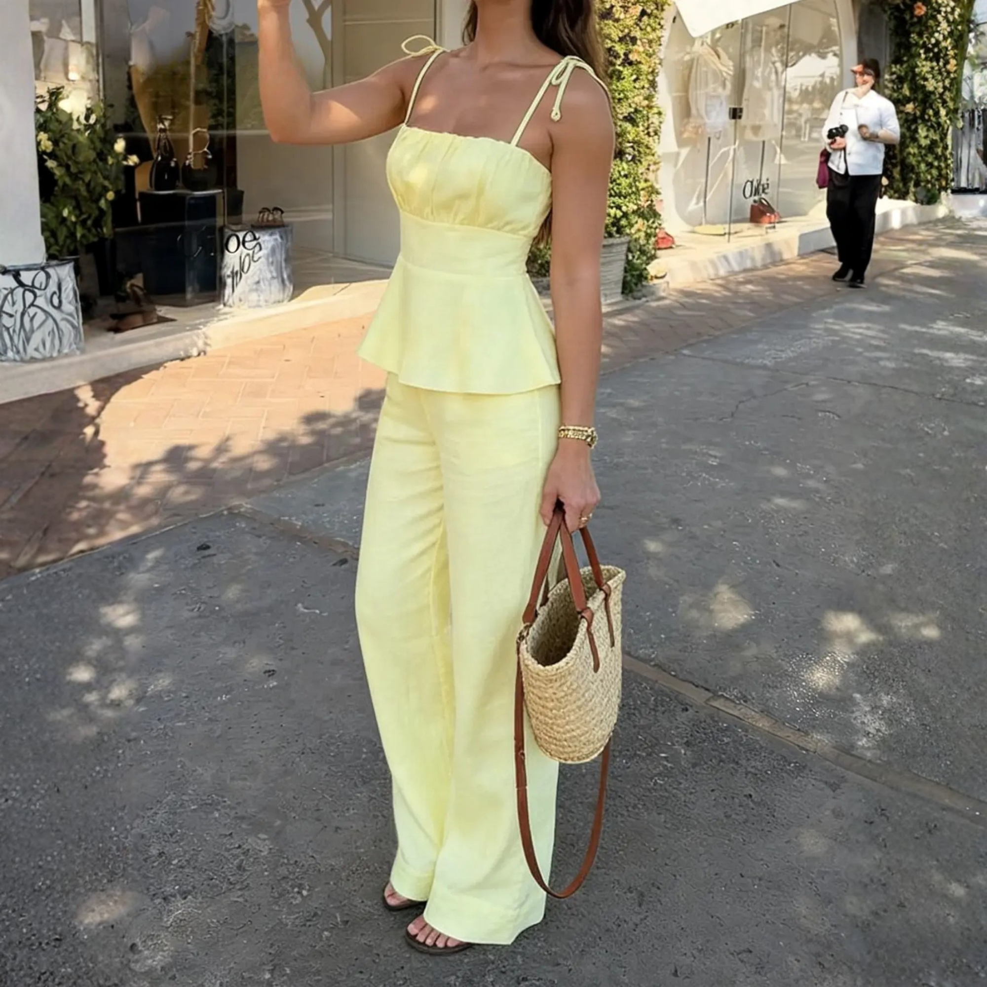 Casual Simple Ruffled Spaghetti Strap Cami Top And Pants Set