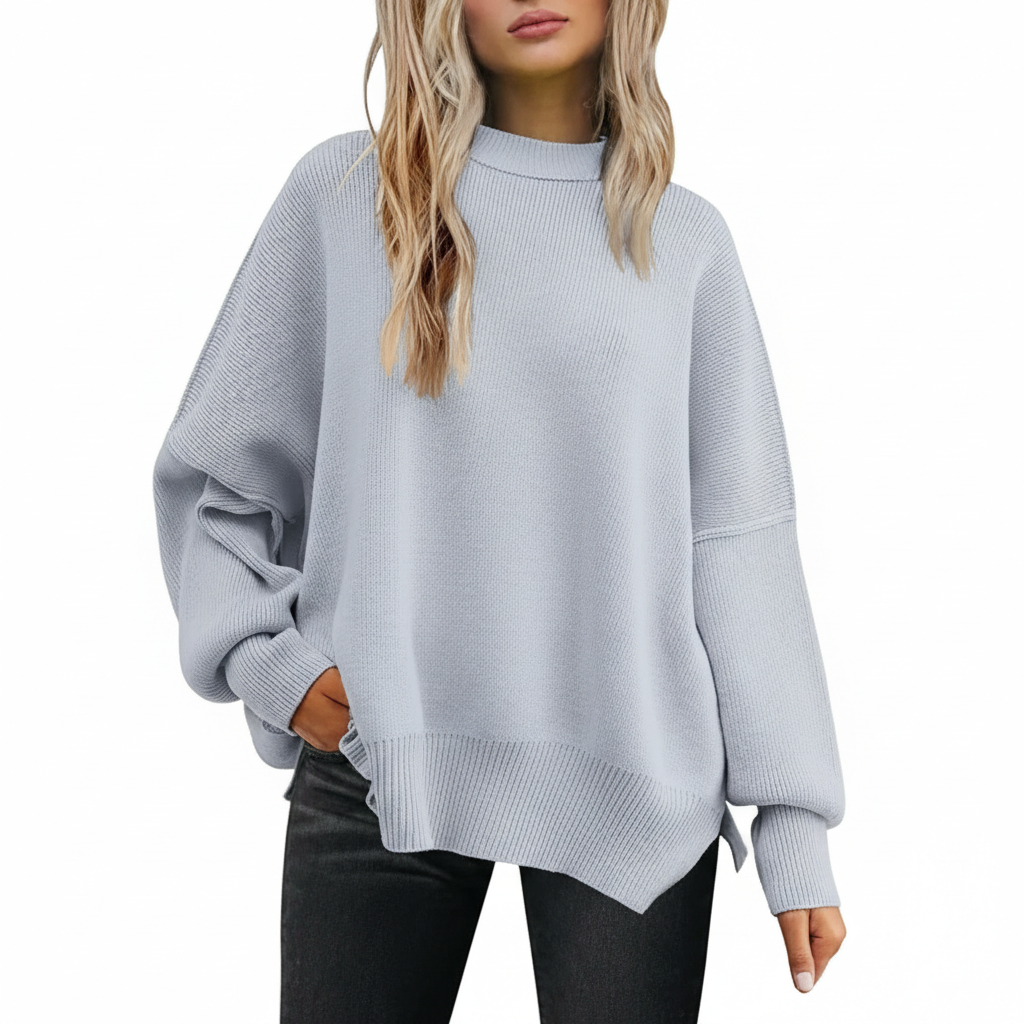 Oversized Batwing Knit Side Slit Pullover Sweater For Women