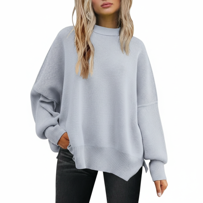 Oversized Batwing Knit Side Slit Pullover Sweater For Women