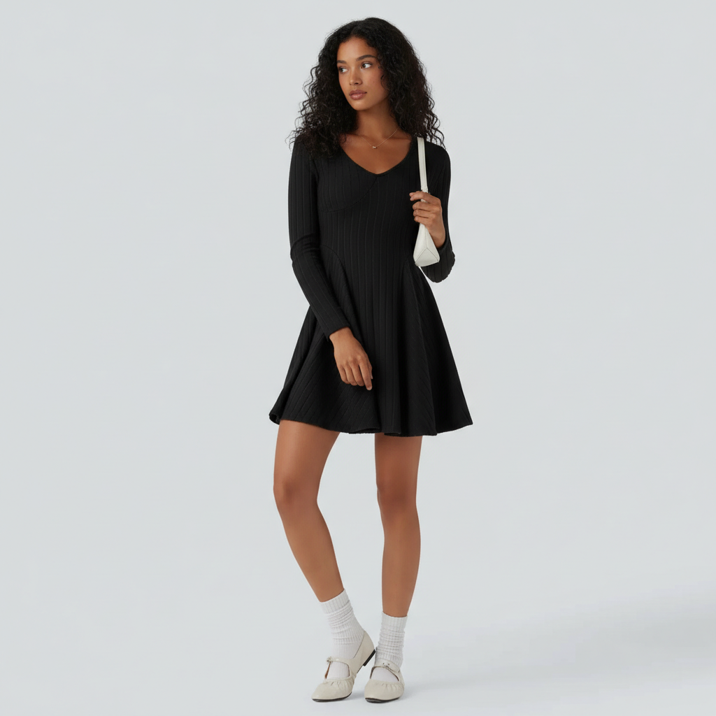 Ribbed Knit V Neck Long Sleeve Flare Mini Casual Dress
