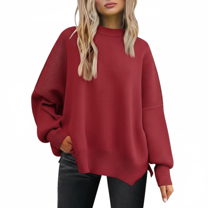 Oversized Batwing Knit Side Slit Pullover Sweater For Women