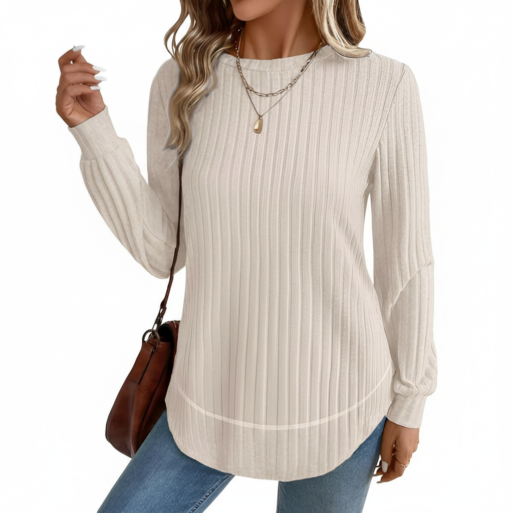 Dressy Long Sleeve Tunic Sweater With Curved Hem And Loose Fit For Women