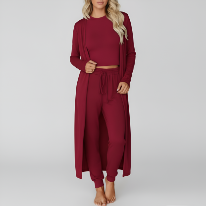 Three Piece Travel Lounge Set With Cardigan Matching Top And Jogger For Women