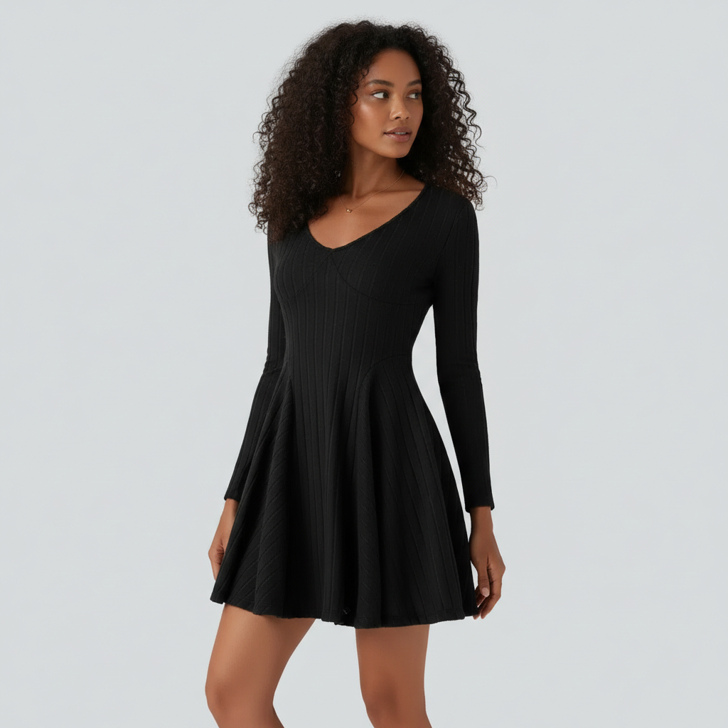 Ribbed Knit V Neck Long Sleeve Flare Mini Casual Dress
