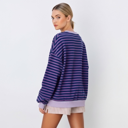 Women Oversized Striped Crewneck Sweatshirt Long Sleeve