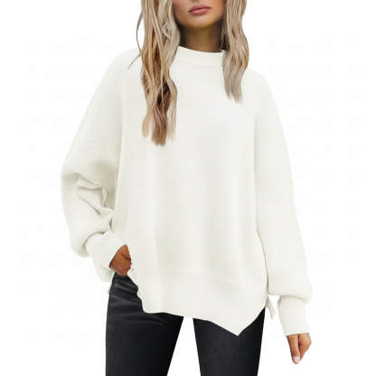 Oversized Batwing Knit Side Slit Pullover Sweater For Women
