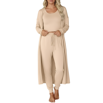 Three Piece Travel Lounge Set With Cardigan Matching Top And Jogger For Women