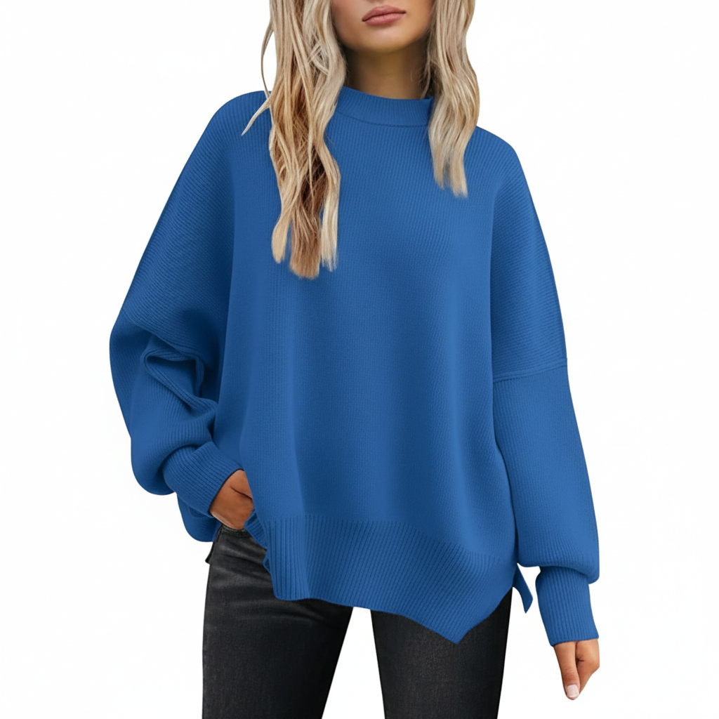 Oversized Batwing Knit Side Slit Pullover Sweater For Women
